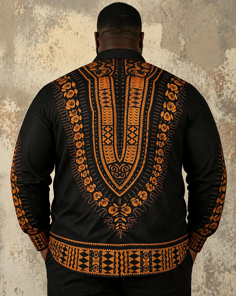 Big & Tall Men's Black Black Black African Print Long Sleeve Shirt