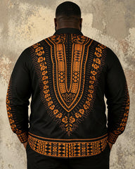 Big & Tall Men's Black Black Black African Print Long Sleeve Shirt