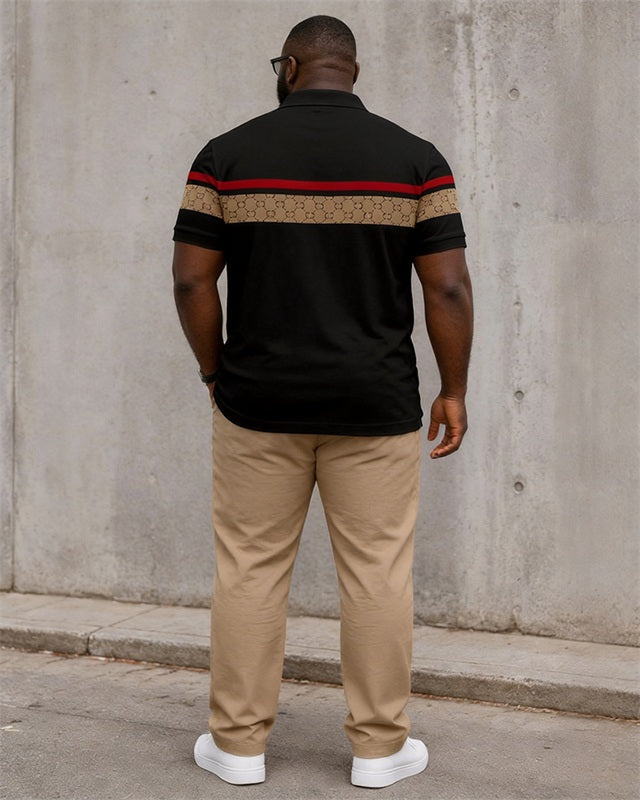 Big & Tall Men's Black And Red Stripe Patchwork Printed Polo Short Sleeve Pants Set