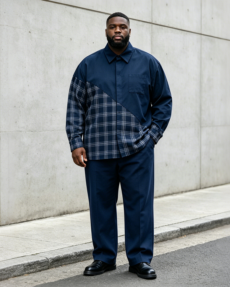 Big & Tall Men’s Navy Blue Diagonal Plaid Patchwork Printed Long-Sleeve Shirt And Pants Set