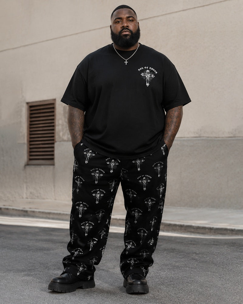 Big & Tall Men's Gothic Letter GOD OF TRUTH Cross Printed T-Shirt Pants Set