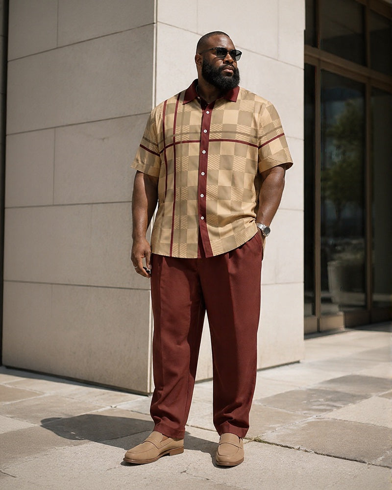 Big & Tall Men's Contrast Checkerboard Dark Print Short Sleeve Shirt Pants Set