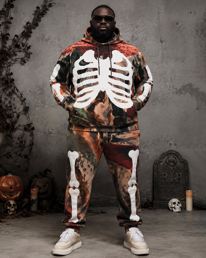 Big & Tall Men's Retro Camo 3D Skeleton Print Hoodie Set