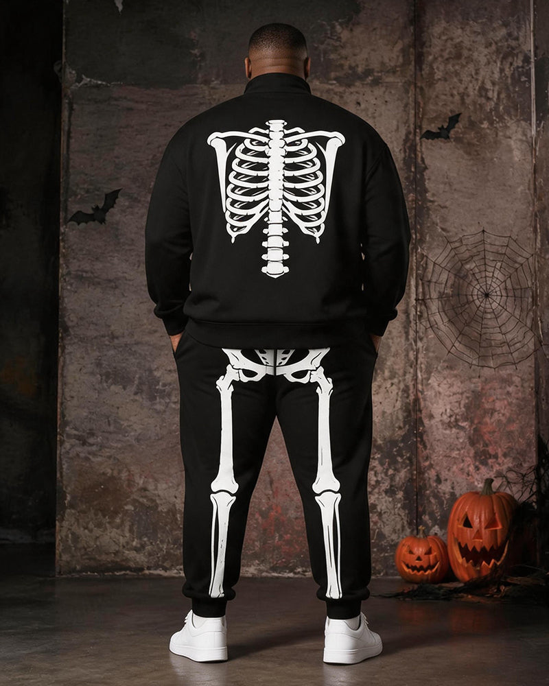 Big & Tall Men's Black And White Skull Skeleton Printed Half-Zip Sweat Set