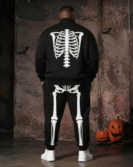 Big & Tall Men's Black And White Skull Skeleton Printed Half-Zip Sweat Set