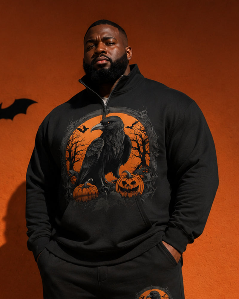Big & Tall Men's Halloween Crow Pumpkin Print Half Zip Sweat Set