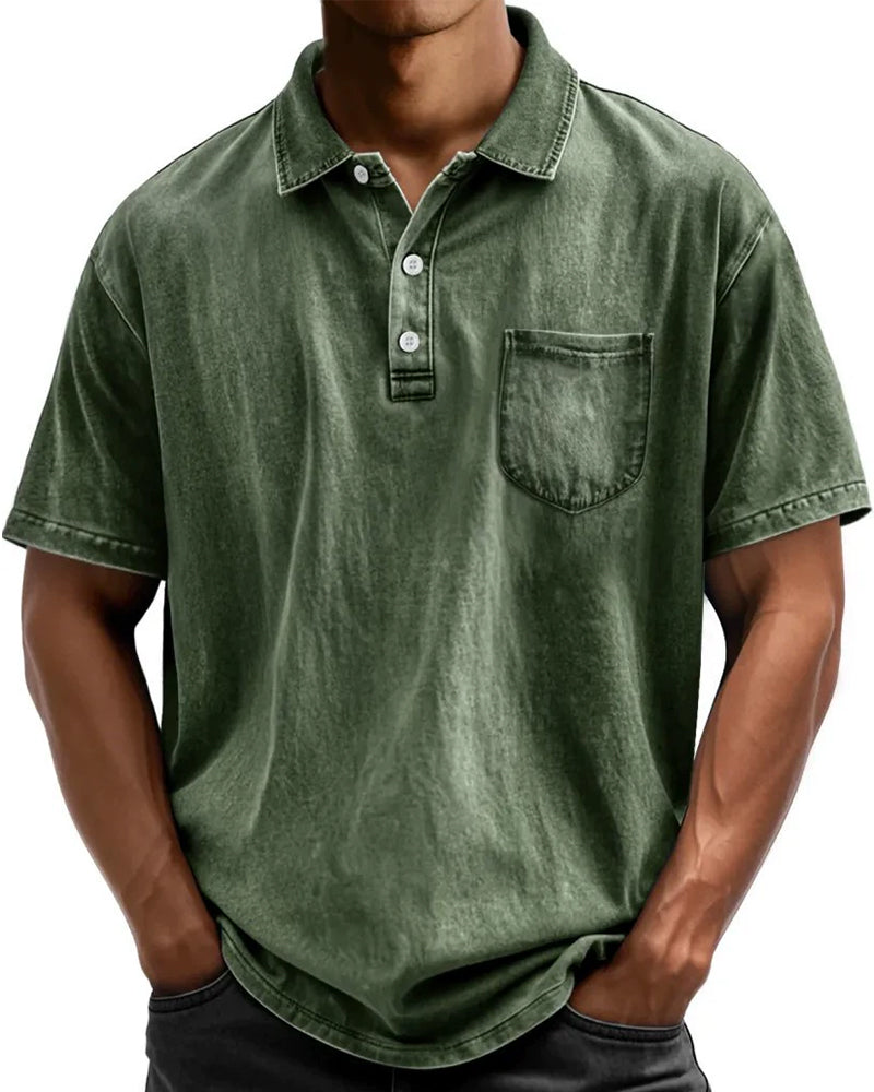 S-5XL Washed Cotton Casual All-Match Short-Sleeve Button-down Polo Shirt With Lapel Collar
