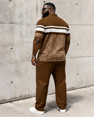 Big & Tall Men's Brown And White Horizontal Pattern Printed Polo Short Sleeve Pants Set