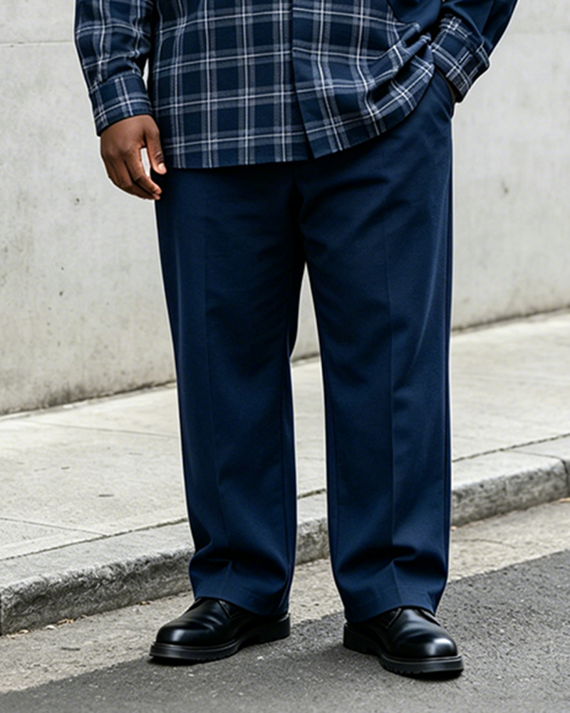 Big & Tall Men’s Navy Blue Diagonal Plaid Patchwork Printed Long-Sleeve Shirt And Pants Set