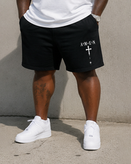 Big & Tall Men's Faith AMEN Gothic Cross Front And Back Printed Crewneck Short Sleeve T-Shirt Shorts Set