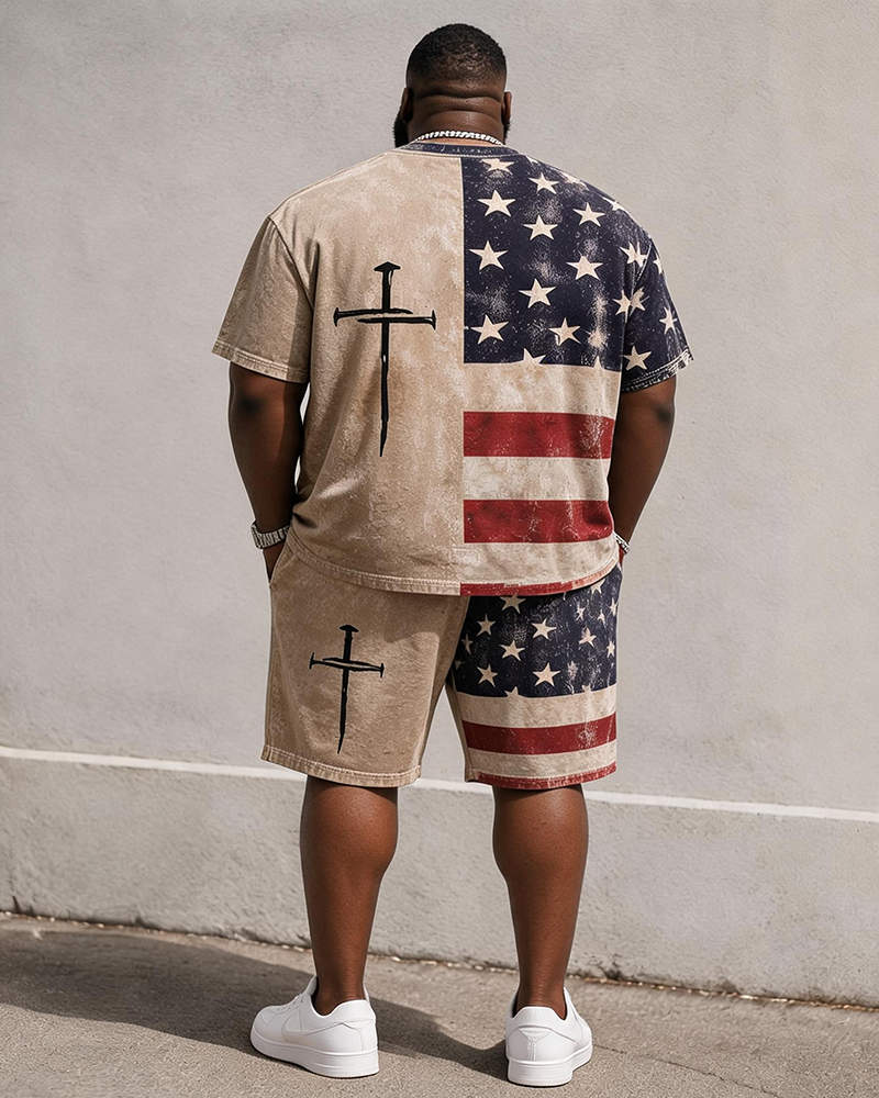 Big & Tall Men's Distressed American Flag Half-split Cross Printed Crew Neck Short Sleeve T-shirt Shorts Set