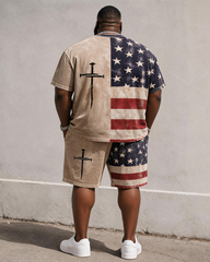 Big & Tall Men's Distressed American Flag Half-split Cross Printed Crew Neck Short Sleeve T-shirt Shorts Set