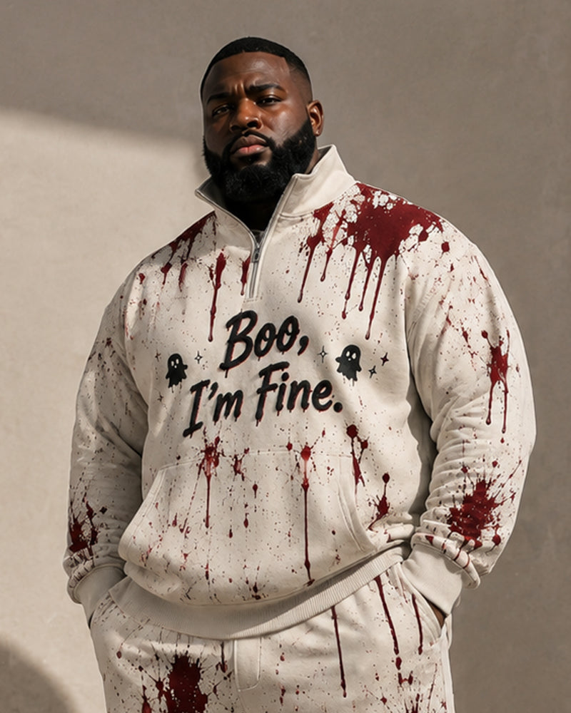 Big & Tall Men's Fun Bloody Text Print Half Zip Sweatshirt Set