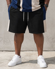 Big & Tall Men's Blue And White Vertical Stripe Crown Printed Round Neck Short Sleeve T-Shirt Shorts Set