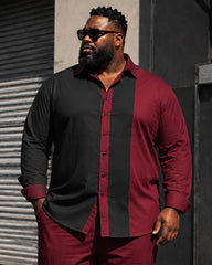 Big & Tall Men's Black And Red Vertical Strip Contrast Printed Long Sleeve Shirt Pants Set