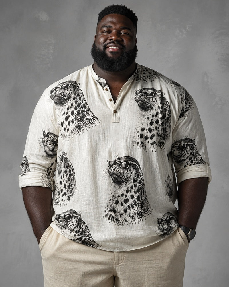 Big & Tall Men's Sunglasses Seal Fun Cartoon Printed Collar Long Sleeve Shirt