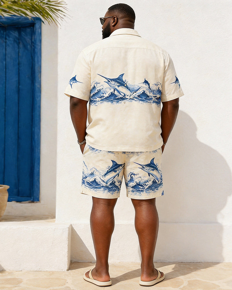 Big & Tall Men's Nautical-Style Wave Sailfish Print Short-Sleeve Shirt And Shorts Set