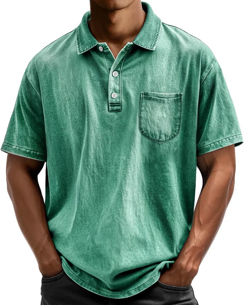 S-5XL Washed Cotton Casual All-Match Short-Sleeve Button-down Polo Shirt With Lapel Collar