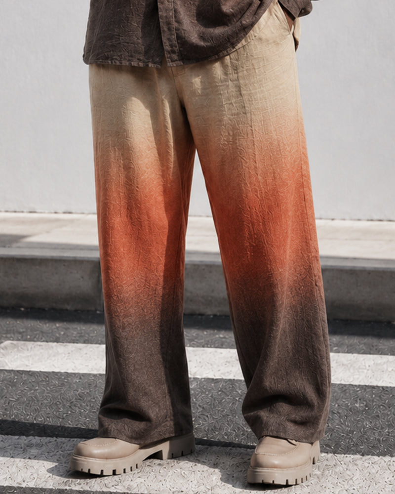 Big & Tall Men's Retro Coffee Orange Gradient Printed Collar Long Sleeve Shirt Pants Suit