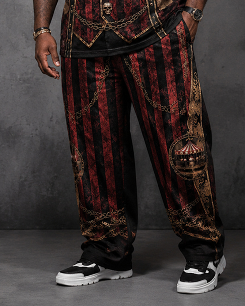 Big & Tall Men's Red And Black Circus Retro Vest Skull Print T-Shirt Pants Set