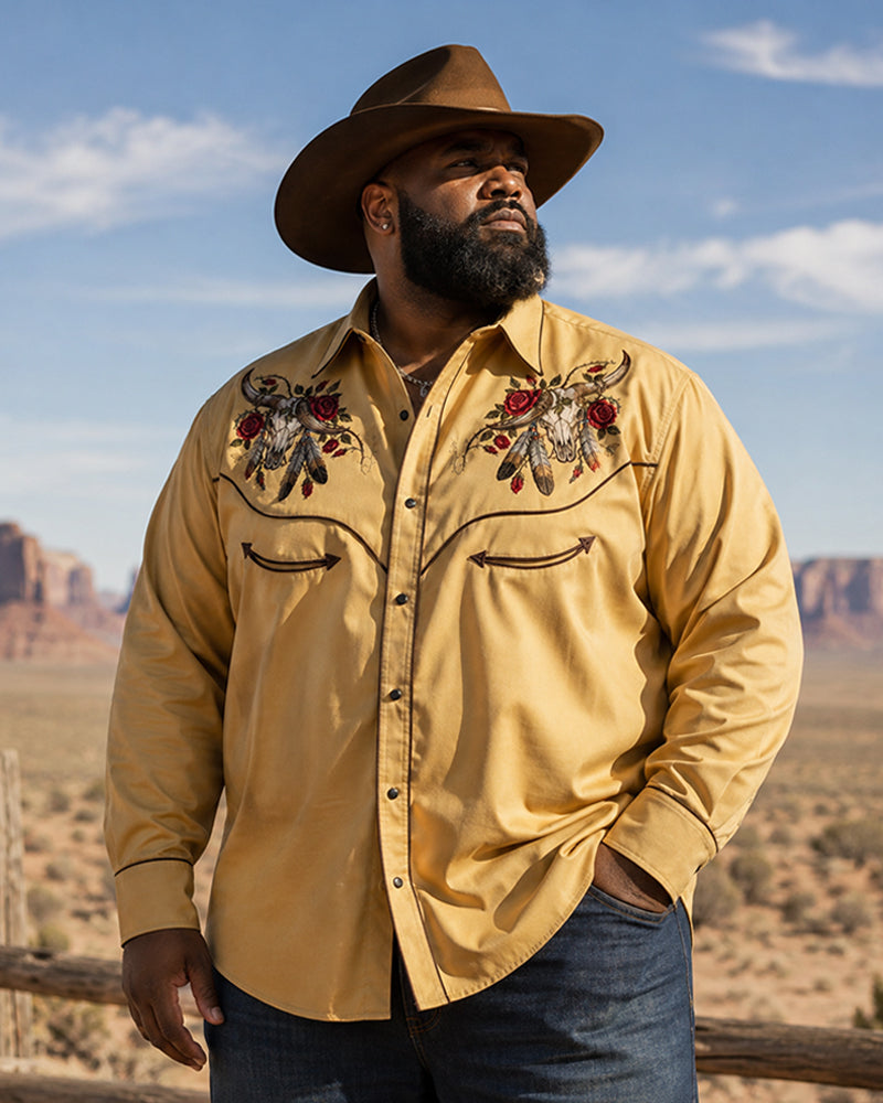 Big & Tall Men's Cow Skull Rose Feather Print Long Sleeve Shirt