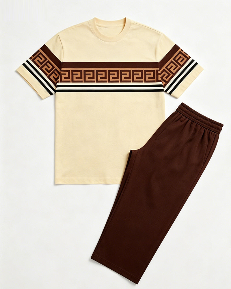 Big & Tall Men's Off-white Contrast Striped Printed T-shirt Trousers Set