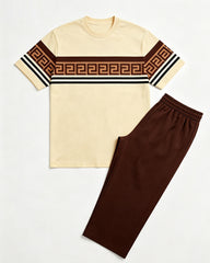 Big & Tall Men's Off-white Contrast Striped Printed T-shirt Trousers Set