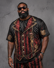 Big & Tall Men's Red And Black Circus Retro Vest Skull Print T-Shirt Pants Set