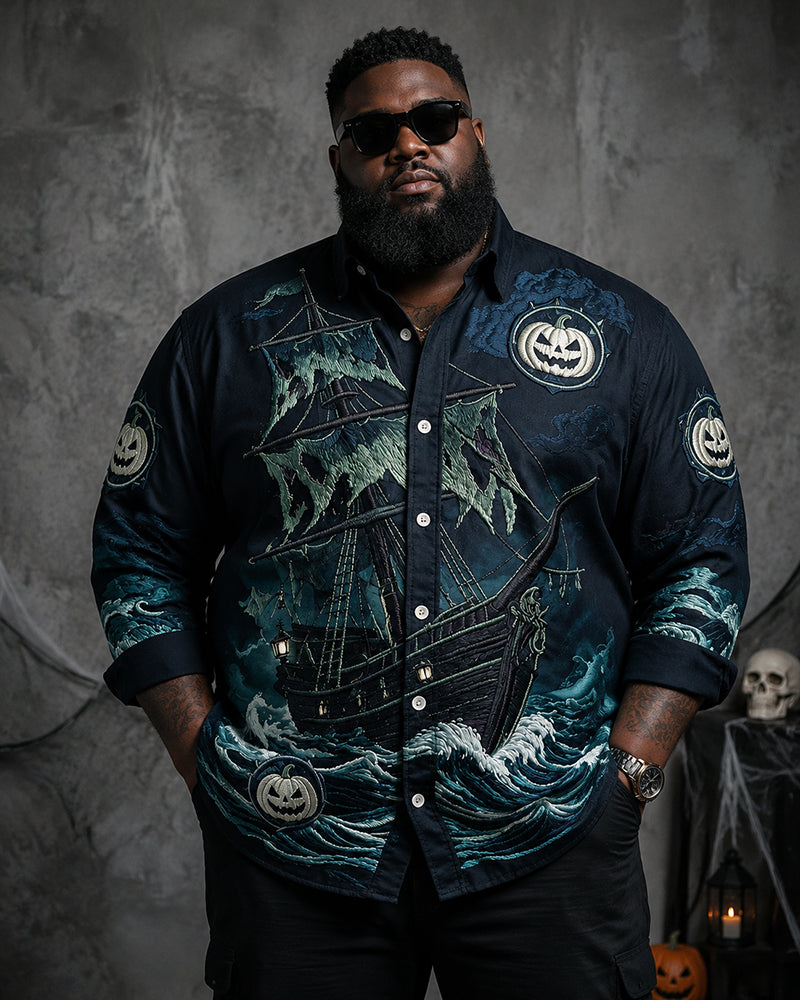 Big & Tall Men's Deep Sea Ghost Sailing Pumpkin Print Long Sleeve Shirt