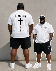 Big & Tall Men's Faith AMEN Gothic Cross Front And Back Printed Crewneck Short Sleeve T-Shirt Shorts Set