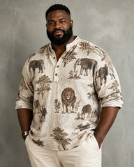 Big & Tall Men's African Grassland Lion Elephant Animal Print Stand-up Collar Long Sleeve Shirt