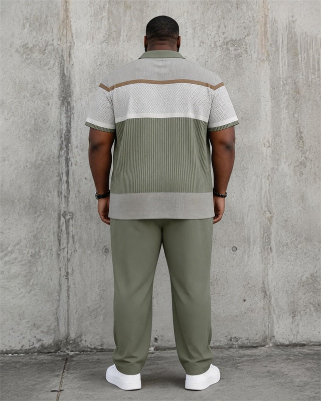 Big & Tall Men's Light Green Patchwork Texture Printed Polo Short Sleeve Pants Set