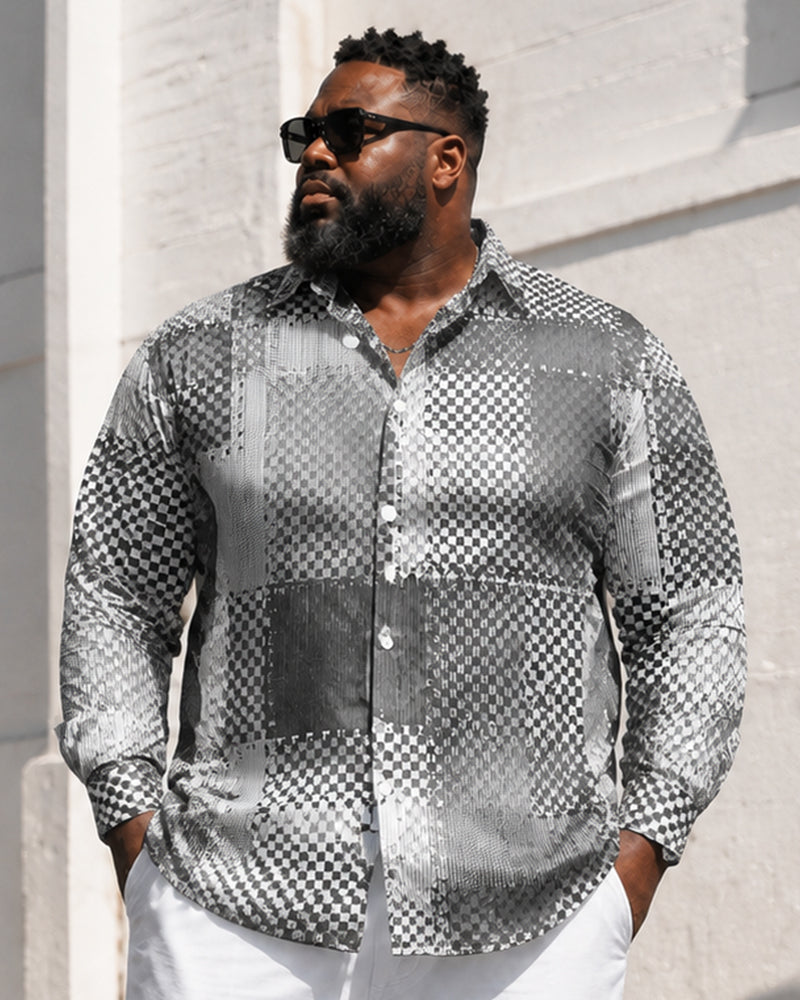 Big & Tall Men's Checkerboard Patchwork Printed Long Sleeve Shirt Pants Set