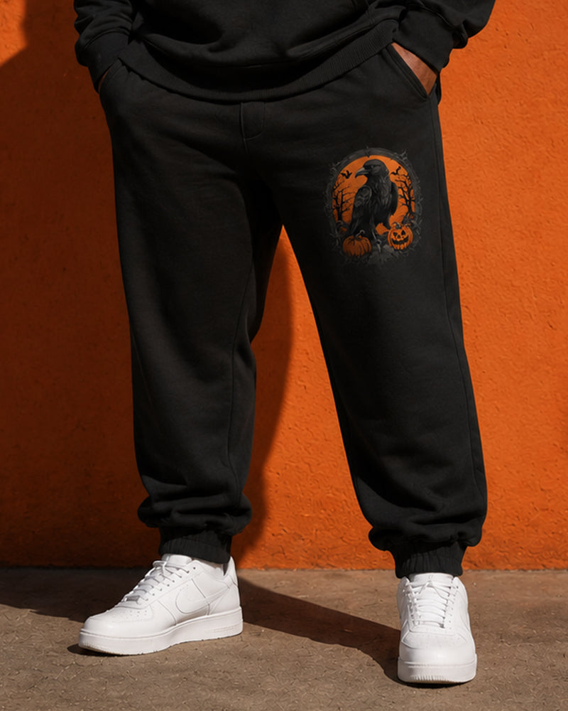 Big & Tall Men's Halloween Crow Pumpkin Print Half Zip Sweat Set