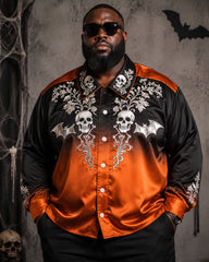 Big & Tall Men's Halloween Black Orange Gradient Skull Bat Print Long Sleeve Shirt