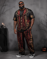 Big & Tall Men's Red And Black Circus Retro Vest Skull Print T-Shirt Pants Set