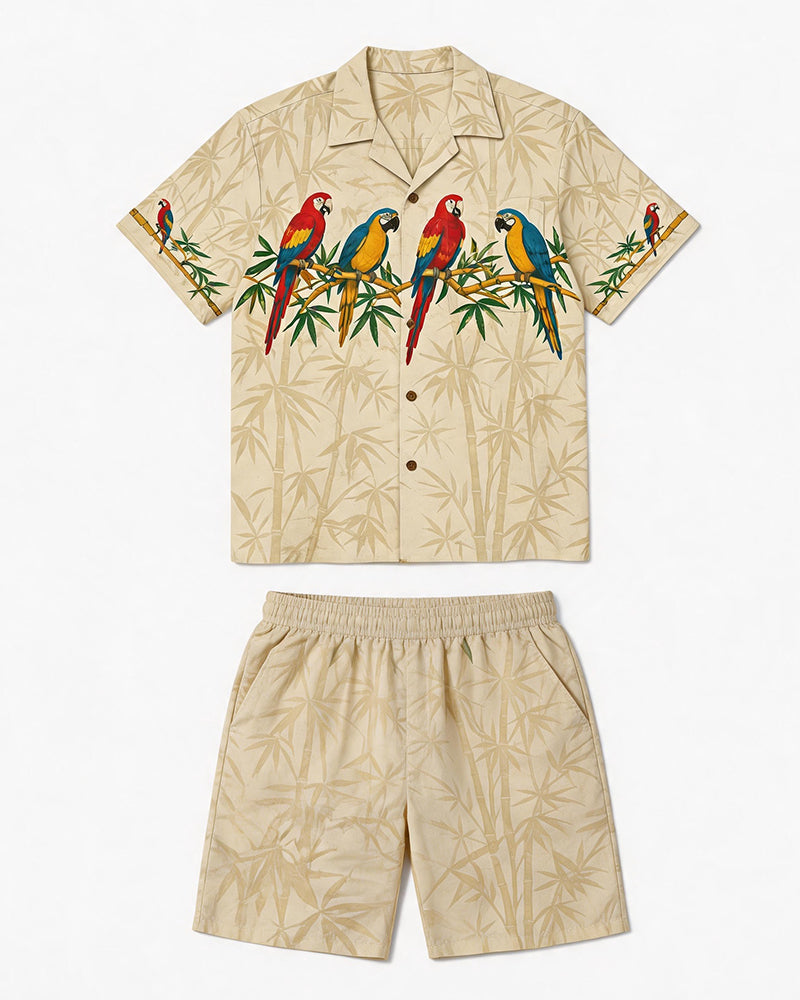 Big & Tall Men's Retro Parrot And Bamboo Print Short-Sleeve Shirt And Shorts Set