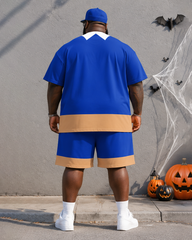 Big & Tall Men's Contrast Lapel Fake Two-piece Printed Crew Neck Short Sleeve T-shirt Shorts Set