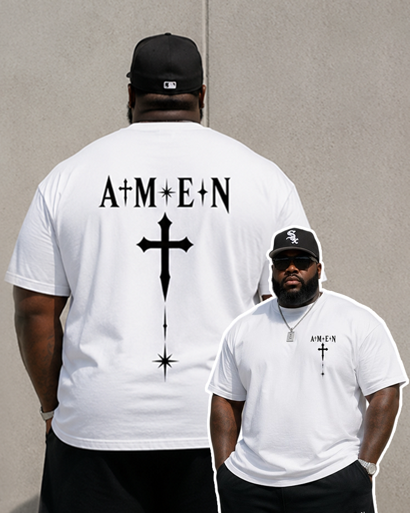Big & Tall Men's Faith AMEN Gothic Cross Front And Back Printed Crewneck Short Sleeve T-Shirt Shorts Set