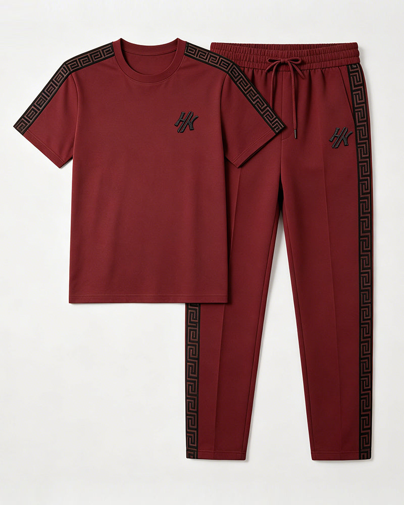 Big & Tall Men's Wine Red Printed T-shirt Trousers Set