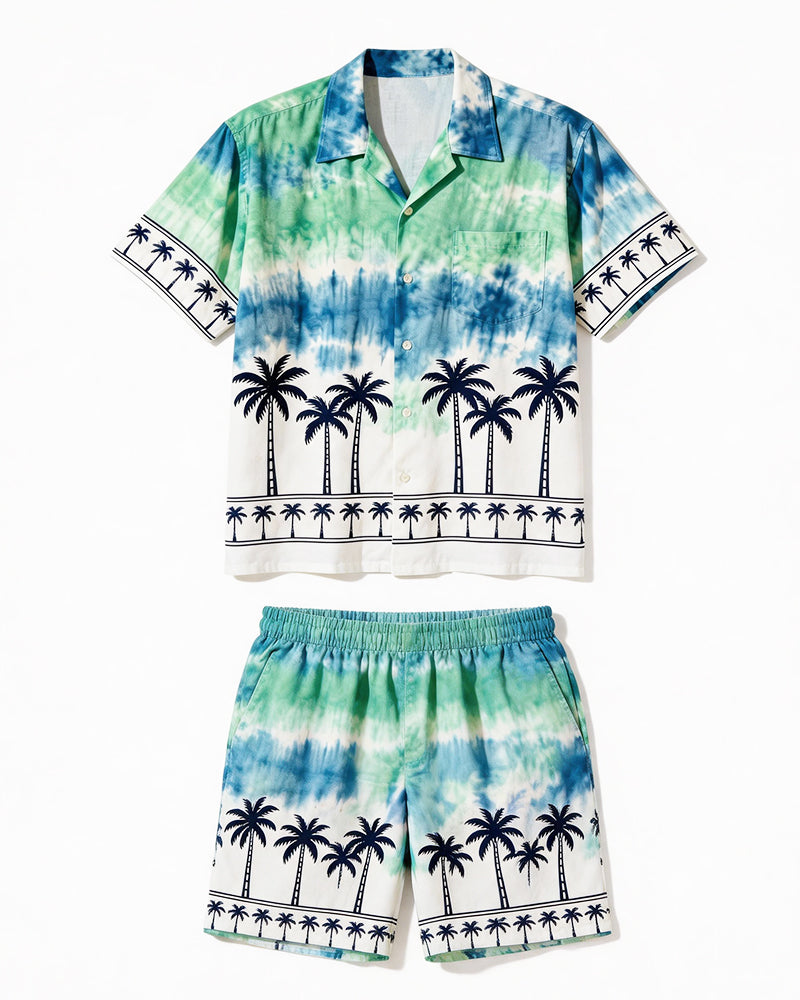Big & Tall Men's Ombre Tie-Dye Coconut Tree Print Short-Sleeve Shirt And Shorts Set