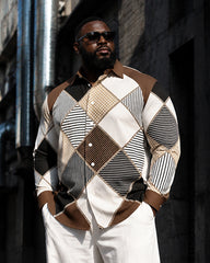 Big & Tall Men's Retro Rhombus Patchwork Printed Long Sleeve Shirt Trousers Suit