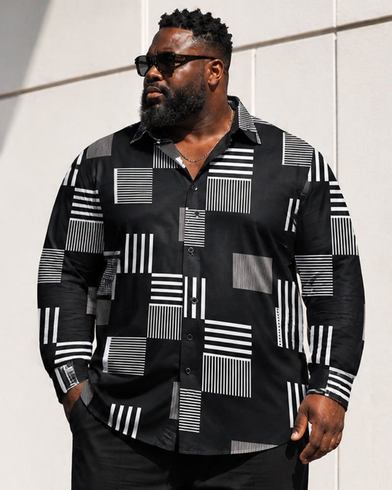 Big & Tall Men's Geometric Square Stripe Print Long Sleeve Shirt Pants Set