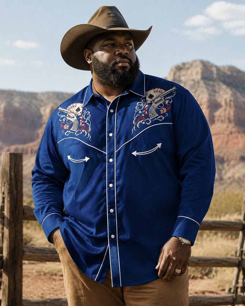 Big & Tall Men's Blue Poker Revolver Printed Long Sleeve Shirt