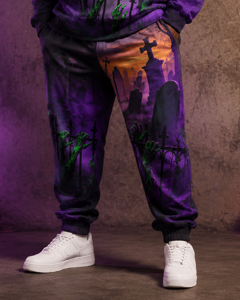 Big & Tall Men's Cemetery Zombie Hand Printed Half-Zip Sweat Set