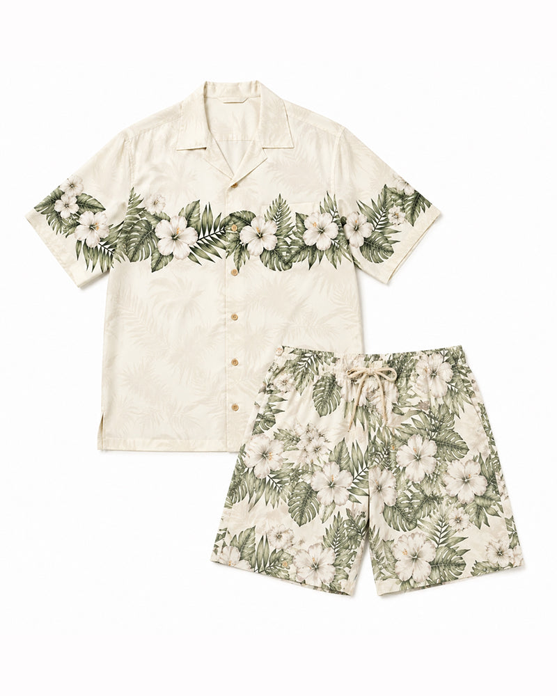 Big & Tall Men's Tropical Hibiscus Palm Leaf Print Short-Sleeve Shirt And Shorts Set