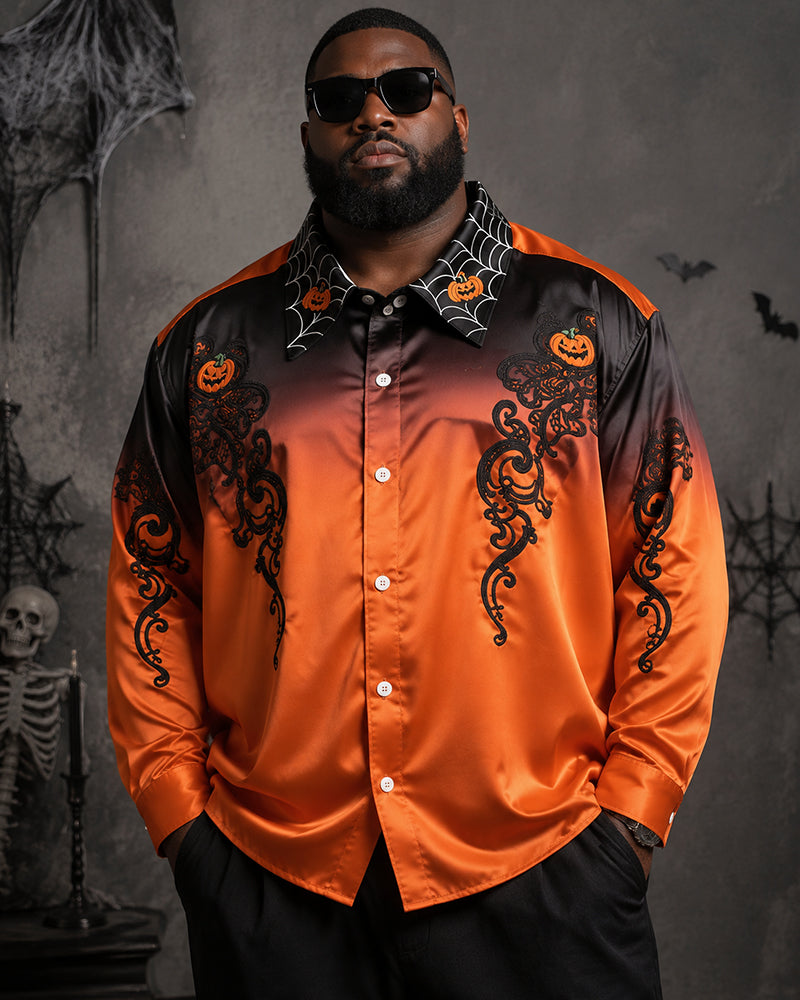Big & Tall Men's Halloween Gradient Orange Black Pumpkin Print Long Sleeve Shirt