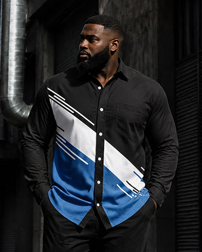 Big & Tall Men's Oblique Contrast Printed Long Sleeve Shirt Pants Set