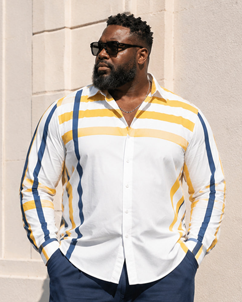 Big & Tall Men's Yellow And Blue Contrast Vertical Stripe Print Long Sleeve Shirt Pants Set