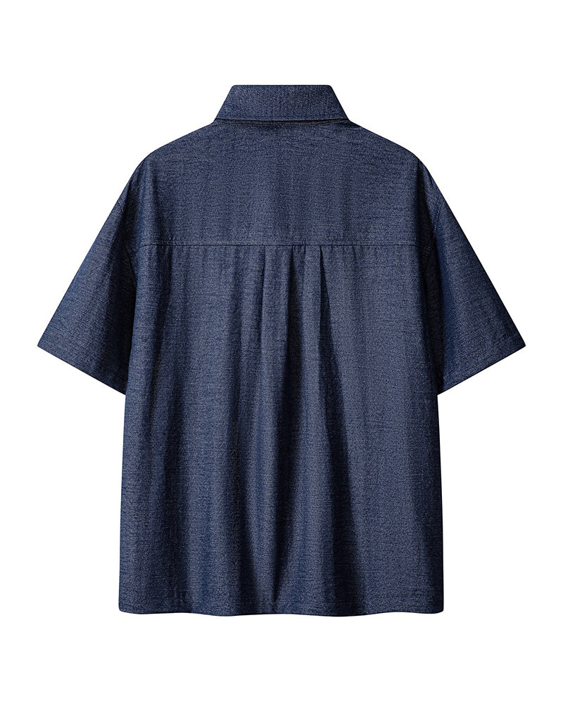 M-8XL Men's Solid Color Denim Short Sleeve Shirt